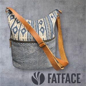 FatFace Woven Fabric Crossbody Bag Blue Cream Boho Leather Strap